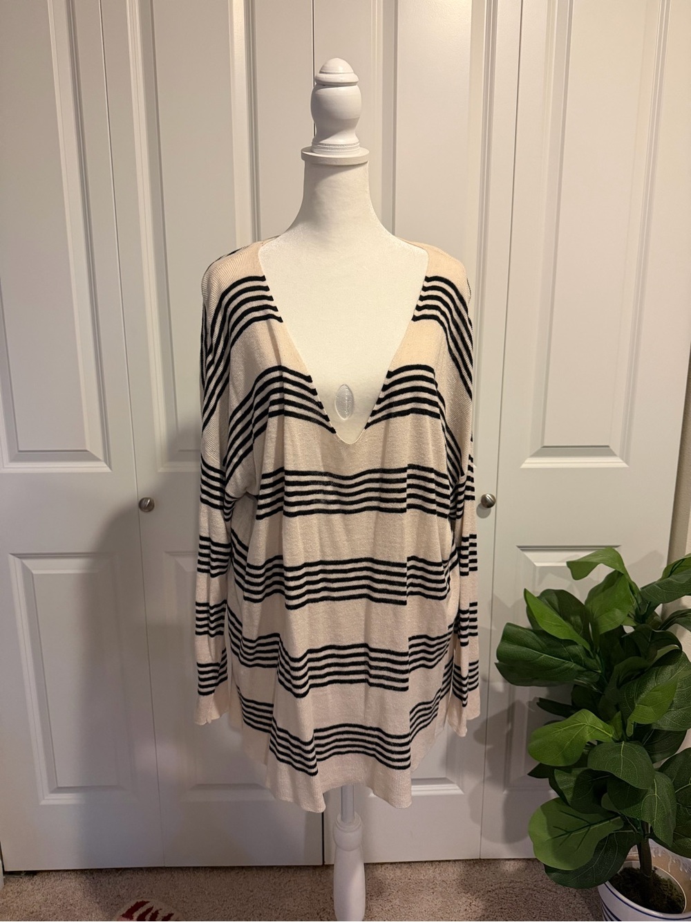 Striped V-Neck Beach Cover-Up in Cream and Black Lightweight Sweater